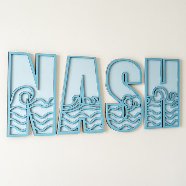 Name sign, nursery name sign, waves name sign for kids room, cut out name sign, layered name sign, california surfing decor