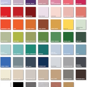 Puede incluir: Una carta de colores con 60 colores de pintura diferentes, organizados en filas y columnas. Los colores se nombran con nombres descriptivos como "Canterbury Bells", "Courtly Purple", "Virtual Violet", "Cherry Juice", "Sweet Chrysanthemum", "Hot Gossip", "Diva Glam", "Flirt Alert", "No More Drama", "Red Pepper", "Pink Posies", "Cupcake", "Noble Blush", "Indian Sunset", "Emergency Zone", "Tart", "Flaming Torch", "True Copper", "Amber Brew", "Buzz-In", "Comforting Green", "Sage Brush", "Lime Tree", "Fresh Artichoke", "Green Energy", "Mixed Veggies", "Grasslands", "Vine Leaf", "Ocean Boulevard", "Aqua Fresco", "Mystic Turquoise", "Antigua", "English Hollyhock", "Chilly Blue", "Saga", "Cosmic Cobalt", "Norwegian Blue", "Very Navy", "Evening Navy", "Platinum", "Chain Reaction", "Graphic Charcoal", "Atlantis Pearl", "Dainty Lace", "Sculptor Clay", "Basswood", "Real Cork", "Barwood Gray", "Espresso Bean", "White", "Black", "Gunmetal", "Metallic Silver", "Metallic Rosegold" y "Metallic Gold".