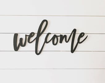welcome sign, word cutout, wood words, wood letter