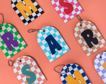 Checkered initial keychain, checkered key ring, initial bag tag, bag charm