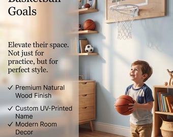 Personalized Large Basketball Hoop: Natural Wood Backboard, White Rim