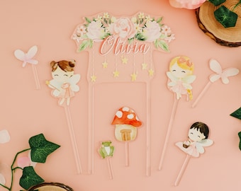 Fairy Cake Topper Set: Personalized Floral Arch, Enchanted Forest Party