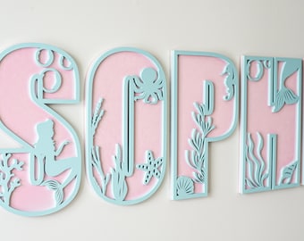 Name sign, nursery name sign, mermaid name sign for kids room, cut out name sign, layered name sign, mermaid under the sea room
