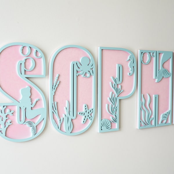 Name sign, nursery name sign, mermaid name sign for kids room, cut out name sign, layered name sign, mermaid under the sea room