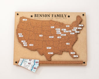 MLB stadium tour map, Baseball family travel map, Baseball stadium cork board memory board