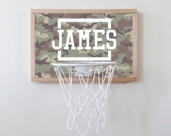 Personalized Mini Basketball Hoop: Natural Wood Backboard, White Rim Camouflage