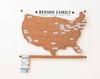 MLB stadium tour map, Baseball family travel map, Baseball stadium cork board memory board