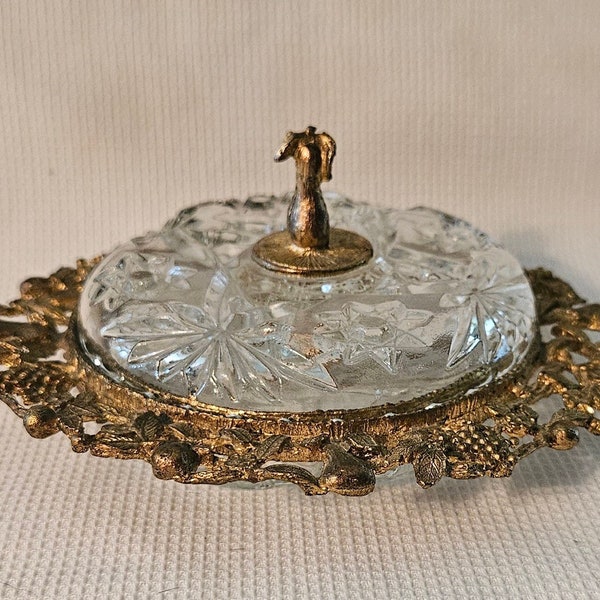 Vintage Celeste Ornate Hollywood Regency Grapes Pear Gold Metal Trinket Ring Dish with Lid Mid-Century Collectible