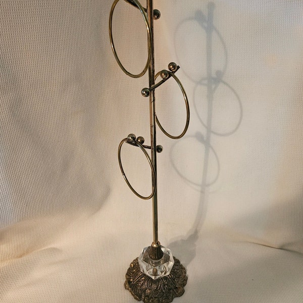 Vintage Hollywood Regency 3 Ring Hand Towel Holder Tree Stand Glass Ornate Brass 15 Inch Tall Collectible