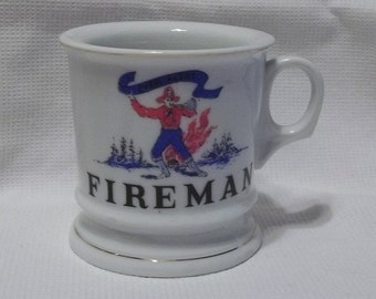 Vintage Fireman Mug Cobalt Blue & Red Graphics "Ever Alert" Shaving Mug Collectible