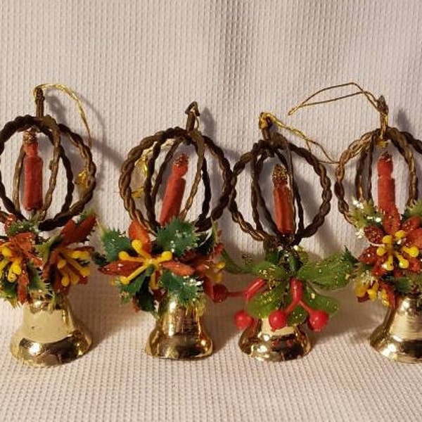 Lot of 4 Vintage Retro Christmas Tree Ornaments Plastic Gold Bell Poinsettias Holly Glitter Flocked Candle Mid-Century Collectibles