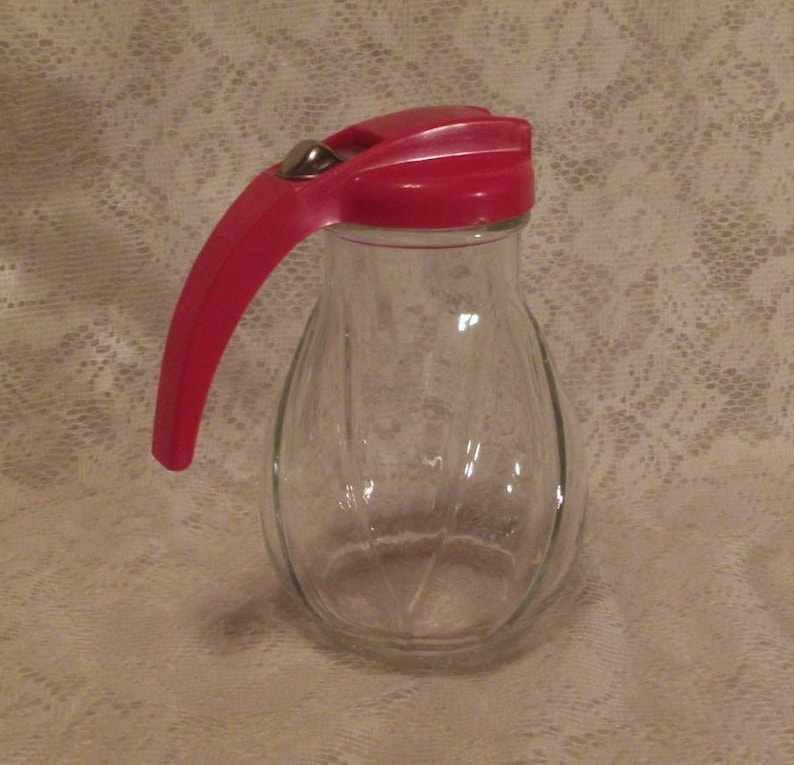 Vintage Federal Glass Syrup Dispenser Pitcher Red Plastic Lid Etsy