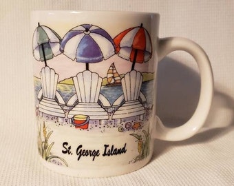 Vintage St. George Island Florida Souvenir Coffee Mug Beach Chairs Umbrellas Seagull Ocean Sun Collectible