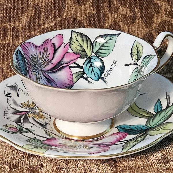 Vintage Rosina Bone China Tea Cup Saucer #4855 England Signed A Bentley Flowers Floral Collectible Mid-Century