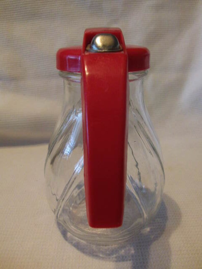 Vintage Federal Glass Syrup Dispenser Pitcher Red Plastic Lid Etsy