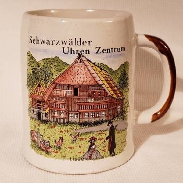 Vintage Schwarzwalder Uhren Zentrum Stoneware Ceramic Mug Stein Germany Titisee Village Scene Collectible Souvenir