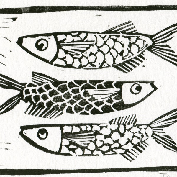 THREE FISH || Black and White || Original Linocut Print