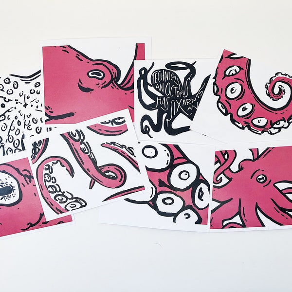 ENSEMBLE DE CARTES POSTALES OCTOPUS || Faits illustrés de poulpe || Cartes humoristiques || Correspondance amusante || pack de papeterie unique