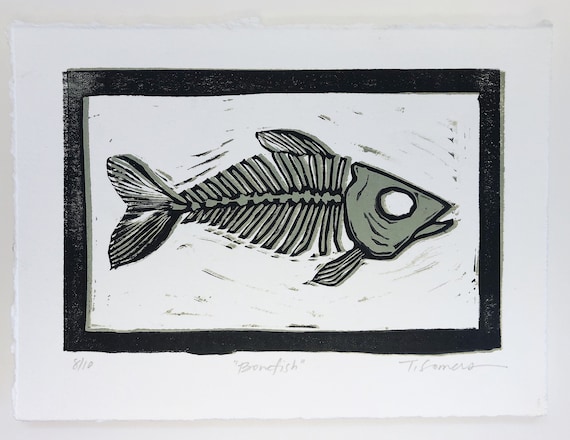BONE FISH Block Print Art Original Art Print Fish Skeleton Art