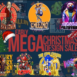 Peut inclure: Un fond bleu avec un sapin de Noël et le texte "Early Mega Christmas Design Sale" en rouge. Il y a plusieurs images colorées de personnages de dessins animés et de texte, notamment "All About Hustle", "Cheezho", "Filthy Rich", "Luxury", "Get Dem Coins", "The Coin Chaser", et "Hustle".