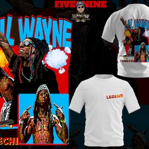 May include: Two white t-shirts with different designs. The first t-shirt features a cartoon image of Lil Wayne with the text "Lil Wayne" and "Tunechi" on the front. The second t-shirt has the text "LEGEND" on the front.