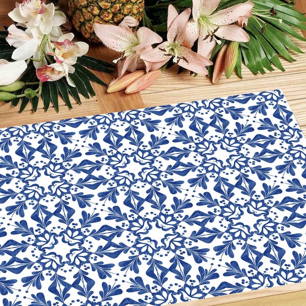 Set de table plastifié motif carreaux de ciment bleus 1