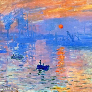 Può includere: Un dipinto che rappresenta un'alba sul porto, con una piccola barca in primo piano. Il cielo è di un arancione e rosa vibrante, e l'acqua è di un blu profondo. Il dipinto è di Claude Monet e si intitola "Impression, soleil levant".