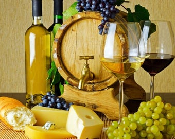 Plastic placemat bread, wine, barrel and cheese