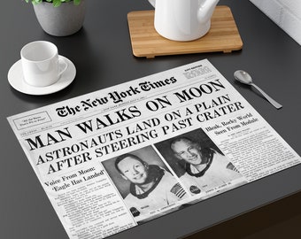 Plastic placemat old newspaper Man walks on moon