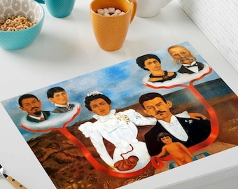 Set de table plastifié Frida Kahlo Mes grands-parents, mes parents et moi / Set de table artistique lavable / Généalogie / Art mexicain