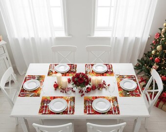 6 Sets De Table Noël En Plastique Lavable - Motif Fleurs, 40x28 Cm, Décorations Festives