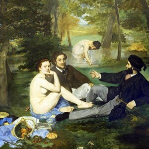 Mantel individual laminado "Le Déjeuner sur l'herbe" de Manet | Decoración de escándalo de arte moderno | Alfombra de picnic elegante