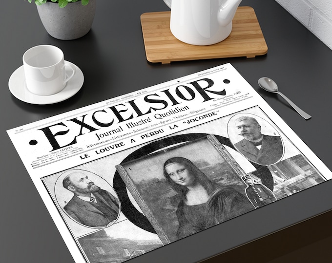 Featured listing image: Set de table plastifié vieux journaux Vol de la Joconde / Reproduction Journal 1911 Vintage A3 / Déco Rétro Fabriqué en France