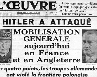 Plastic placemat old newspaper Beginning of the Second World War in Europe