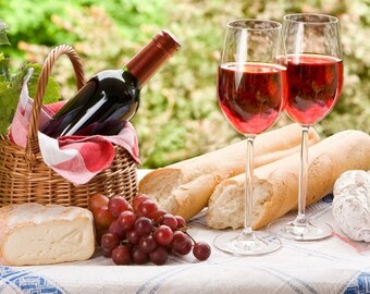 Laminated placemat bread, wine and cheese