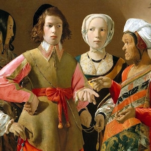 Peut inclure: Une peinture représentant quatre personnes vêtues de vêtements colorés. Les personnes sont debout en groupe et regardent toutes le spectateur. La peinture est sur un fond brun.