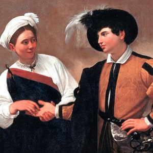 Peut inclure: Une peinture représentant un homme et une femme en costume d'époque. La femme porte une coiffe blanche et une robe noire et rouge. L'homme porte un chapeau noir avec une plume, une veste brune et un pantalon noir.