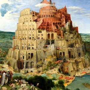 May include: A painting depicting the biblical story of the Tower of Babel. The tower is a massive, multi-level structure made of stone and brick, with scaffolding and workers visible throughout. The tower is set against a backdrop of a blue sky with fluffy white clouds.