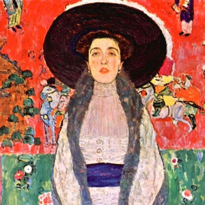 May include: A painting of a woman wearing a large black hat and a white dress with a blue sash. The background is a vibrant red with green and white details.