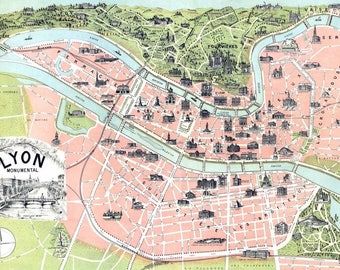 Laminated placemat old map of the city of Lyon