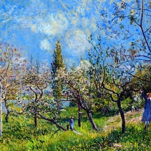 Peut inclure: Peinture impressionniste d'un paysage ensoleillé avec un ciel bleu vif et des nuages blancs duveteux. La scène présente de l'herbe verte, des arbres en fleurs et des personnages au loin. L'œuvre évoque un sentiment de tranquillité et de beauté naturelle.