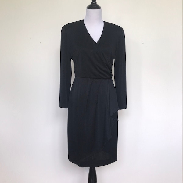 Vintage Black Wrap Style 80's Elastic Waist Dress by Caron Petite Chicago | Womens Size 8 Medium