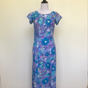 Size 10 M/L Paradise Hawaii 60s Floral Print Vintage Resort Wear Short Sleeve Long Nylon Dress