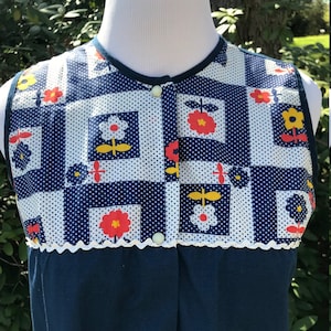 L/XL Navy Blue Smock Dress | Vintage Sleeveless Snap Front Day Dress | Raggedy Ann Style Print