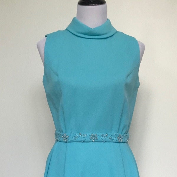 Medium Robins Egg Blue Dress by R&K Knits | Vintage Sleeveless Womens Belted Skater Dress