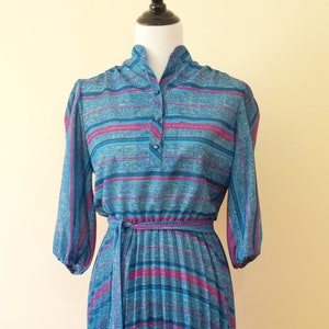 Perfect Teal & Pink Striped Medium Size US 10/12 Pleated Vintage Dress by Signor California