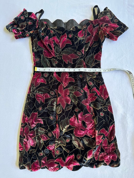Vintage 80s Velvet Multi-floral Dress With Scalloped
