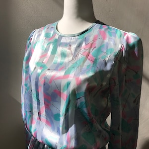 Vintage Pastel Abstract Print Blouson Dress | by Mavinette | 80s Womens Size 6-8 | Secretary Style Pleated Skirt Iridescent Dress