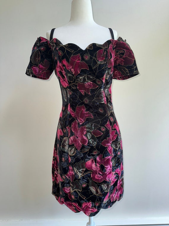 Vintage 80s Velvet Multi floral Dress With Scalloped Neckline and Hem by Rampage Size 5 Xs small Etsy