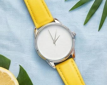 Bright Yellow Minimalist Watch, Pop of Color Summer Fashion Accessory, Cheerful Gift for Her, Sunshine Yellow Wristwatch, Colorful Watch